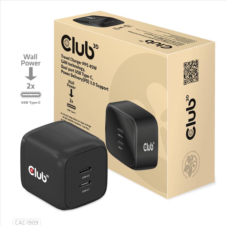 Club 3D CAC-1909EU 45Watt GaN Strömforsyningsadapter