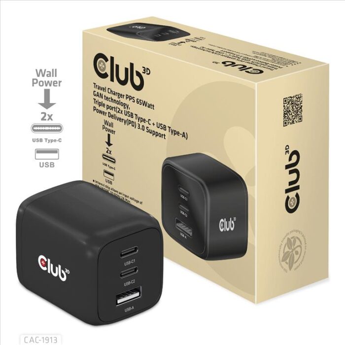 Club 3D CAC-1913EU 65Watt GaN Strömforsyningsadapter