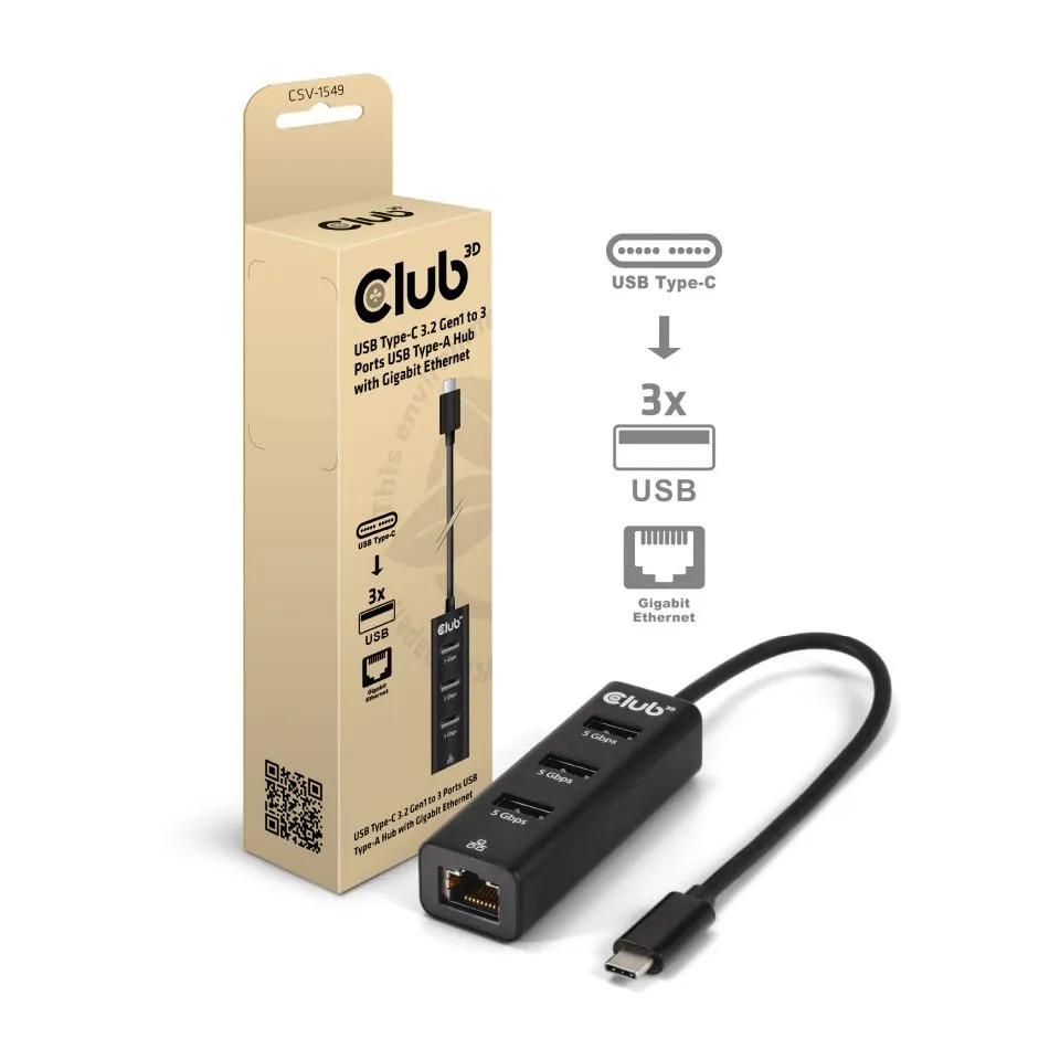 Club 3D CSV-1549 USB-C gen 1 till 3xUSB-A och RJ45 USB Hub svart