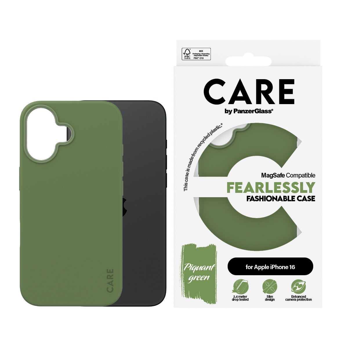 PanzerGlass CARE Fashionable Case till iPhone 16 grön