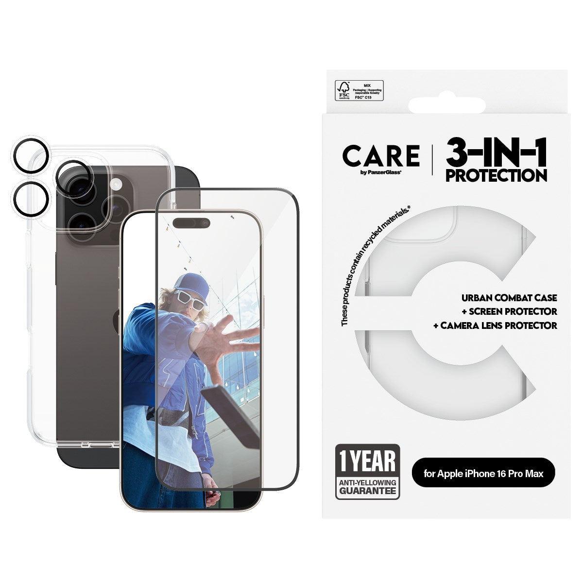 CARE by PanzerGlass Skyddande kasse Polykarbonat Polyetylen tereftalat (PET) Oleofobisk belägning Aluminiumlegering Termoplastisk polyuretan (TPU) Apple iPhone 16