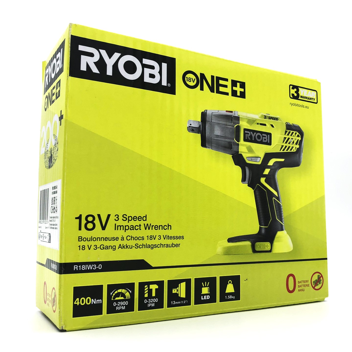 Ryobi One+ R18IW3-0 Slagnögle Intet batteri 1/4 hexsokkel, 1/2 kvadratisk drev