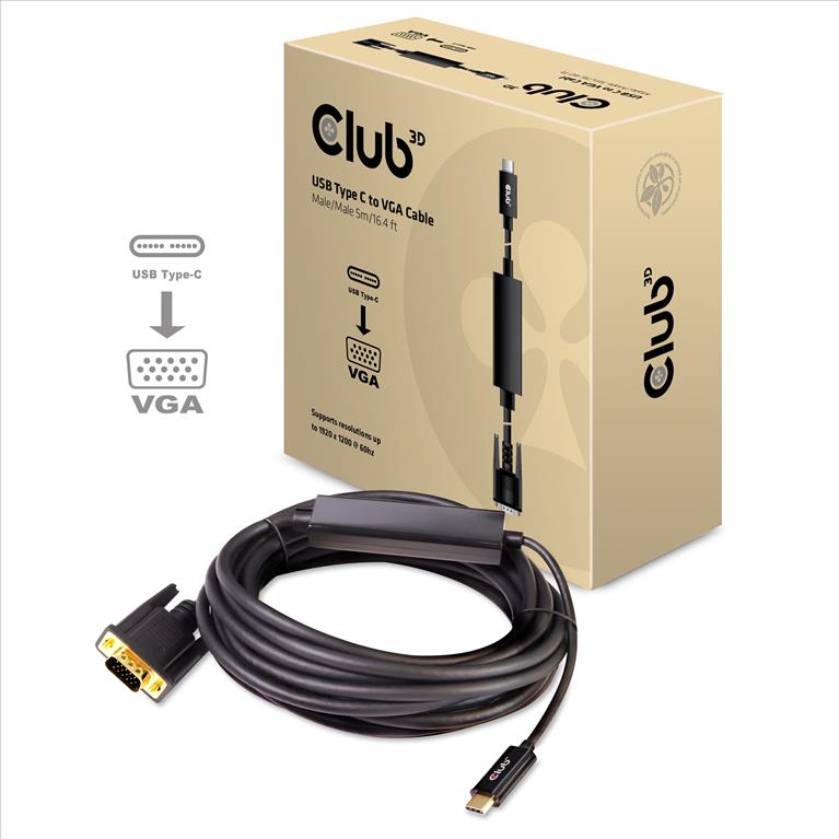 Club 3D CAC-1512 USB-C till VGA aktiv adapterkabel 5m svart