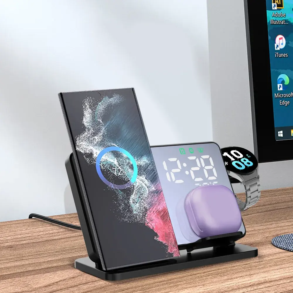 3 i 1 Trådlös snabbladdningsstation med digital väckarklocka för Samsung