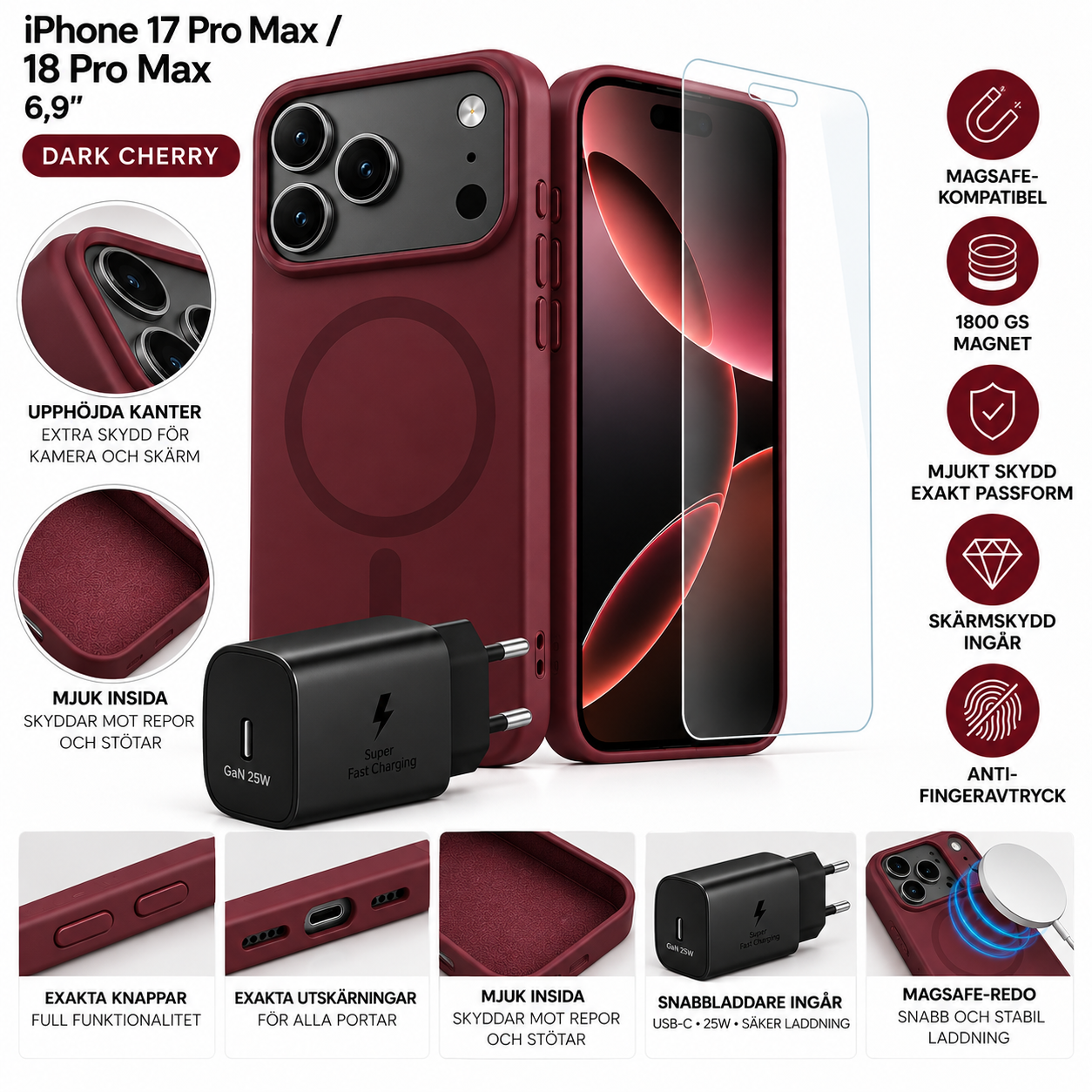 Simple Color Mag 3-i-1 paket MagSafe-fodral + skärmskydd + 25W laddare iPhone 17 Pro Max / 18 Pro Max 6,9" Dark Cherry