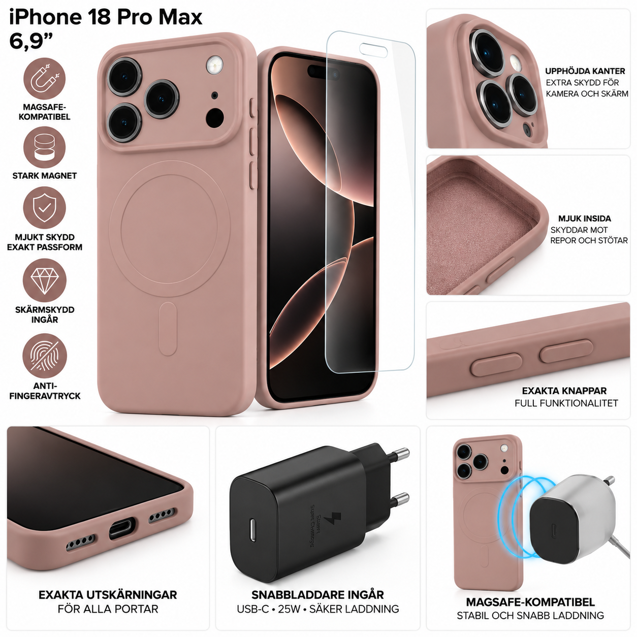Simple Color Mag 3-i-1 paket MagSafe-fodral + skärmskydd + 25W laddare iPhone 17 Pro Max / 18 Pro Max 6,9" Lila