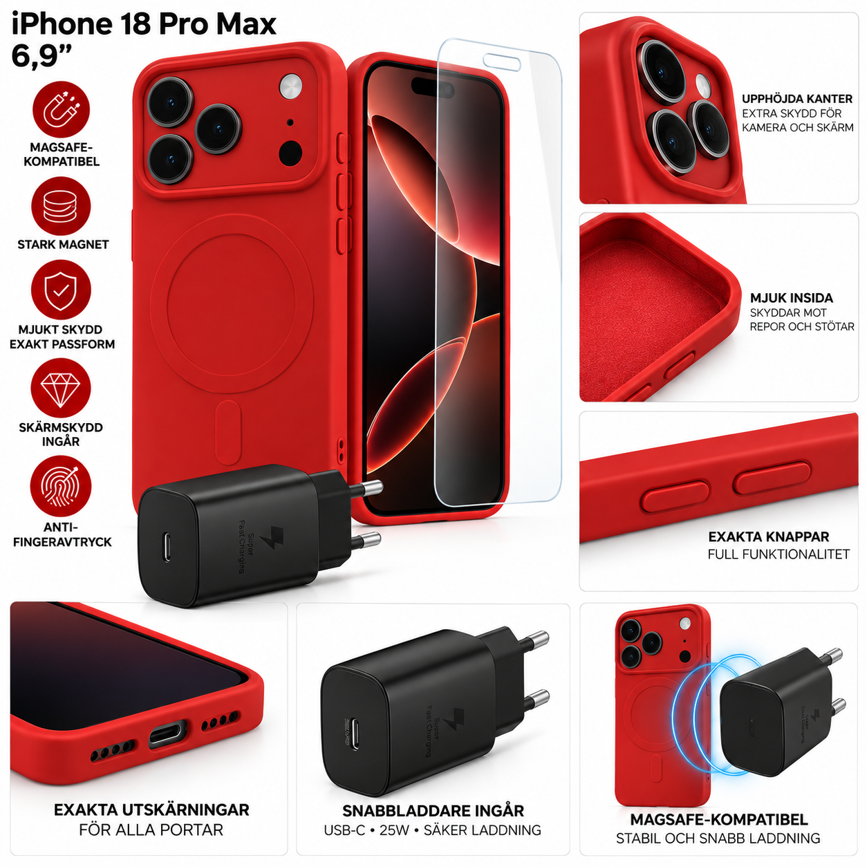 Simple Color Mag 3-i-1 paket MagSafe-fodral + skärmskydd + 25W laddare iPhone 17 Pro Max / 18 Pro Max 6,9" Rosa