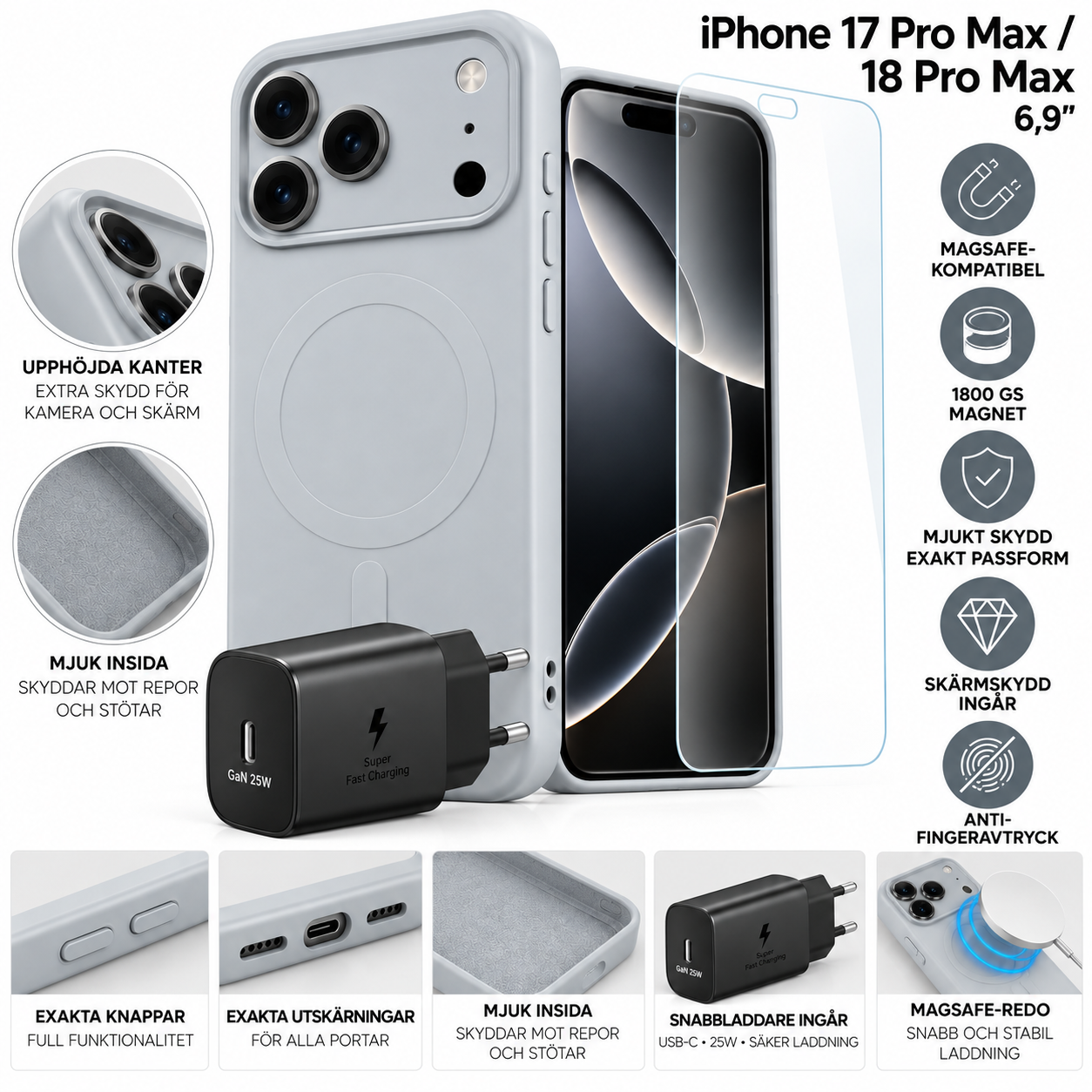 Simple Color Mag 3-i-1 paket MagSafe-fodral + skärmskydd + 25W laddare iPhone 17 Pro Max / 18 Pro Max 6,9" Vit